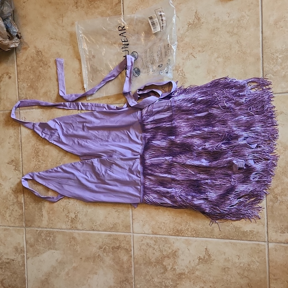 New without tag lavender fringe halter neck romper dress